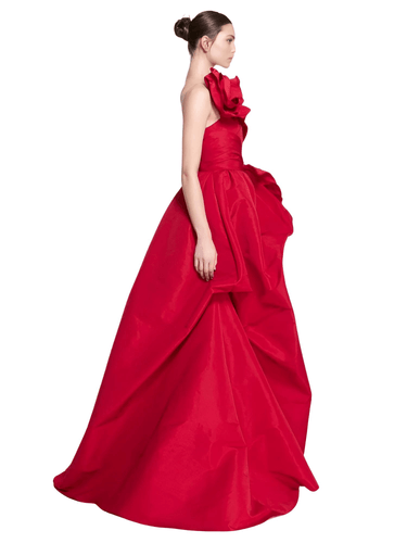 The Signature Dahlia: Custom Red Satin Couture Gown, Drestiny, Maxi Dresses, Sleeveless, One Shoulder, Red, Custom Colors, Custom-Made, USA, United States, Canada, Australia, New Zealand, United Kingdom, UK, 2, 4, 6, 8, 10, 12, 14, 16, 18, 20, 22, 24, 26, 28, 14W, 16W, 18W, 20W, 22W, 24W, 26W, 28W, Custom Sizing, Red satin one shoulder prom dress, 3D flower prom dress, Custom red formal dress, a-line red evening gown, Elegant one shoulder party dress red, shopdrestiny.com